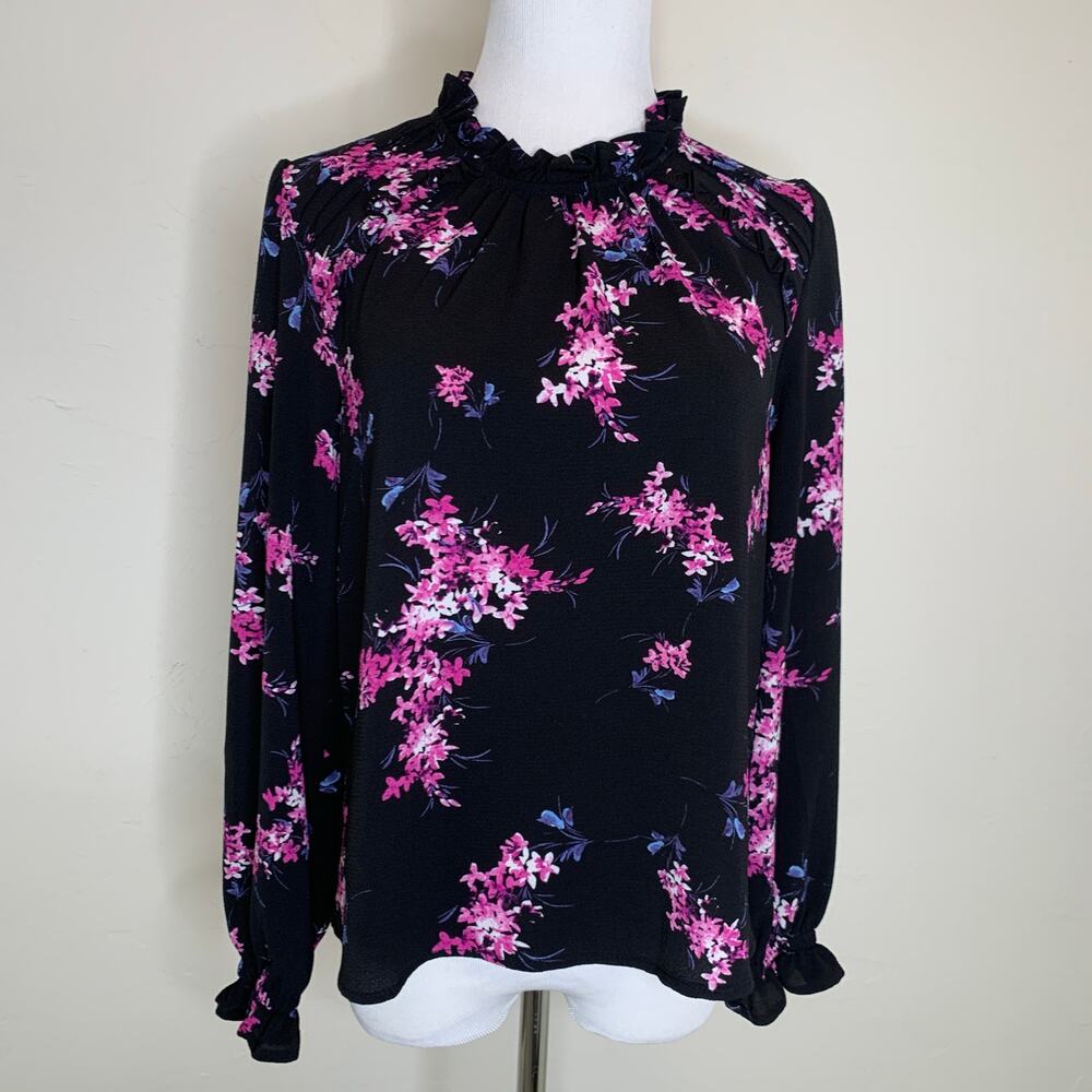 CeCe Black Pink Floral High Neck Ruffle Detail Blouse Size XS